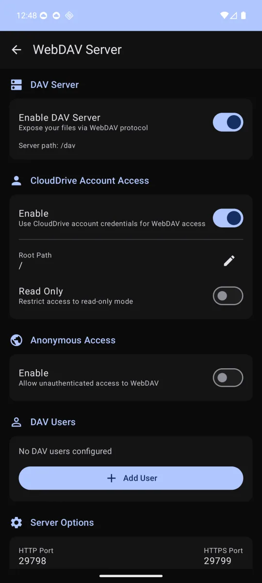 WebDAV 服务的设置界面